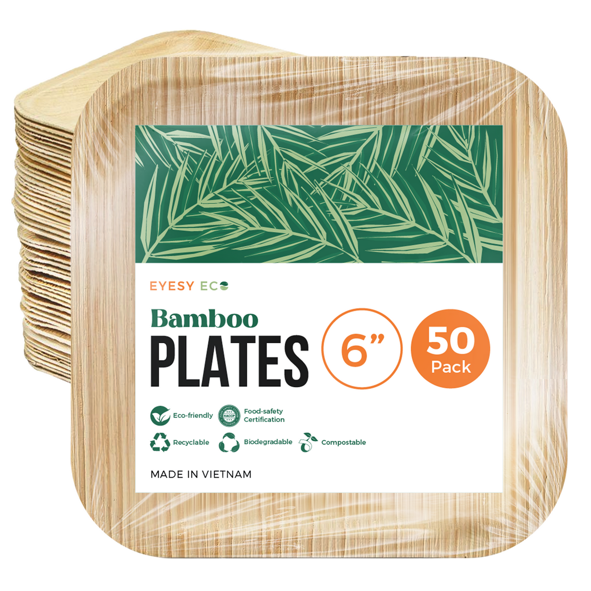 Disposable Bamboo Plates 6"x 6" | 50 Pcs Bulk
