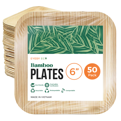 Disposable Bamboo Plates 6"x 6" | 50 Pcs Bulk