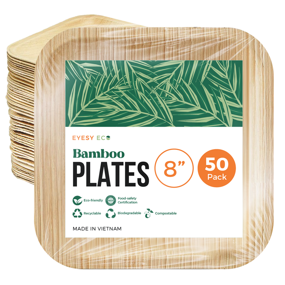 Disposable Bamboo Serving Plates 8"x 8" | 50 Pcs Bulk