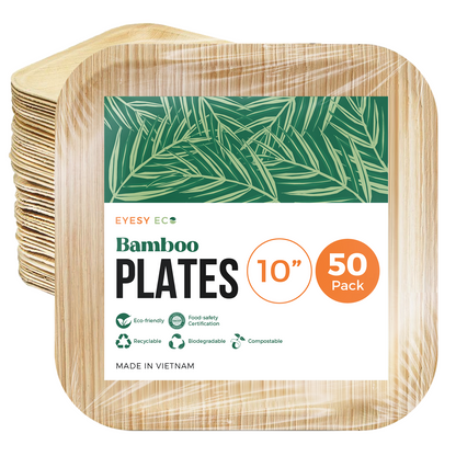 Disposable Bamboo Serving Plates 10"x 10" | 50 Pcs Bulk