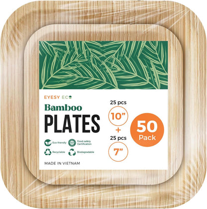 Disposable Bamboo Serving Plates 7"x7" & 10"x10" | 50 Pcs Bulk