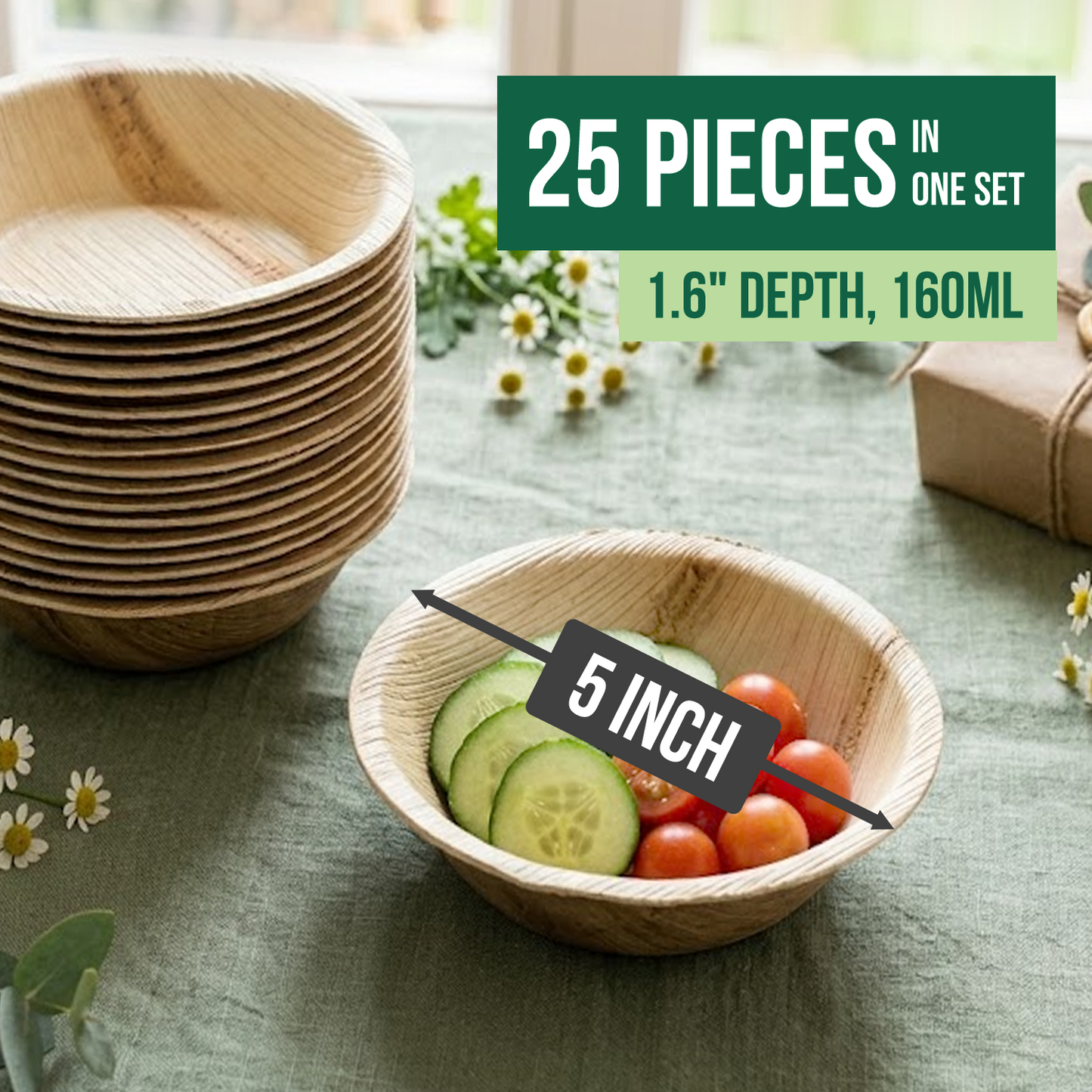 Eyesy Eco 5 inch palm leaf disposable bowls 25 pack with size guide, 1.6 inch depth and 160ml capacity, perfect for parties, BBQs and gatherings