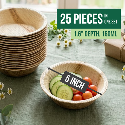 Eyesy Eco 5 inch palm leaf disposable bowls 25 pack with size guide, 1.6 inch depth and 160ml capacity, perfect for parties, BBQs and gatherings