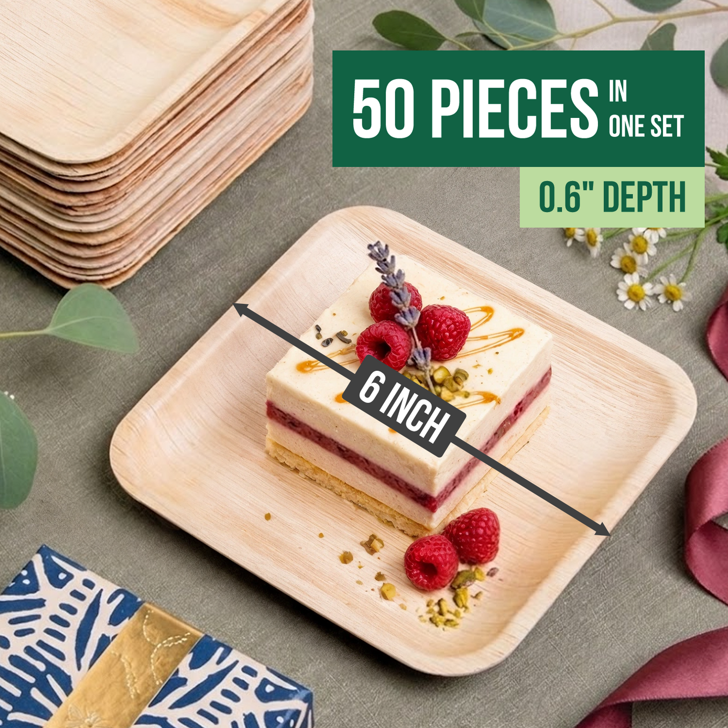 Disposable Palm Leaf Plates 10"x 10" | 50 Pcs Bulk